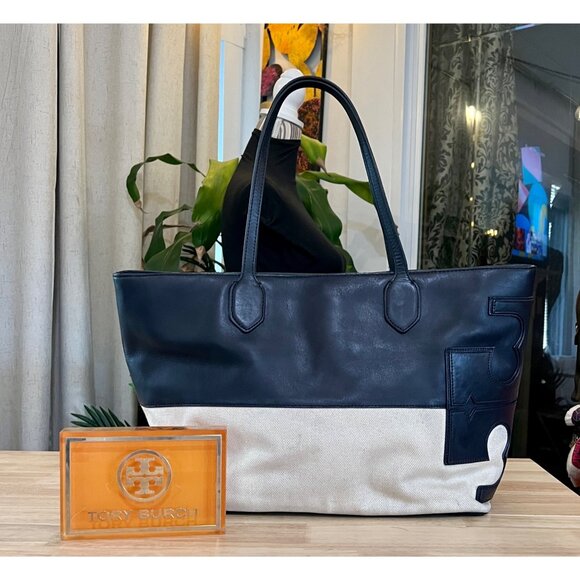 TORY BURCH Blue and Canvas East West Tote